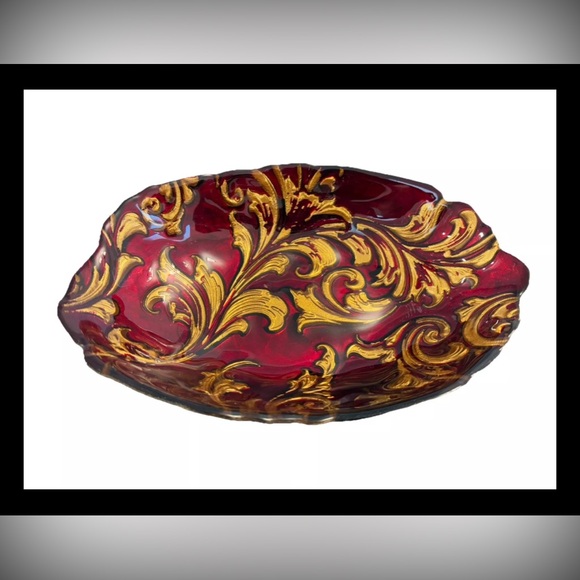 Goofus Red Gold Scroll Glass Oval Candy Trinket Dish Regal Regency 8” x 6” - Picture 6 of 6